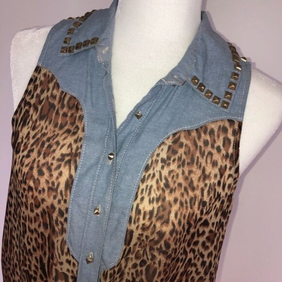 Guess Y2K Leopard Print Denim Rock Tank Shirt Womens Small indie punk - Picture 2 of 7